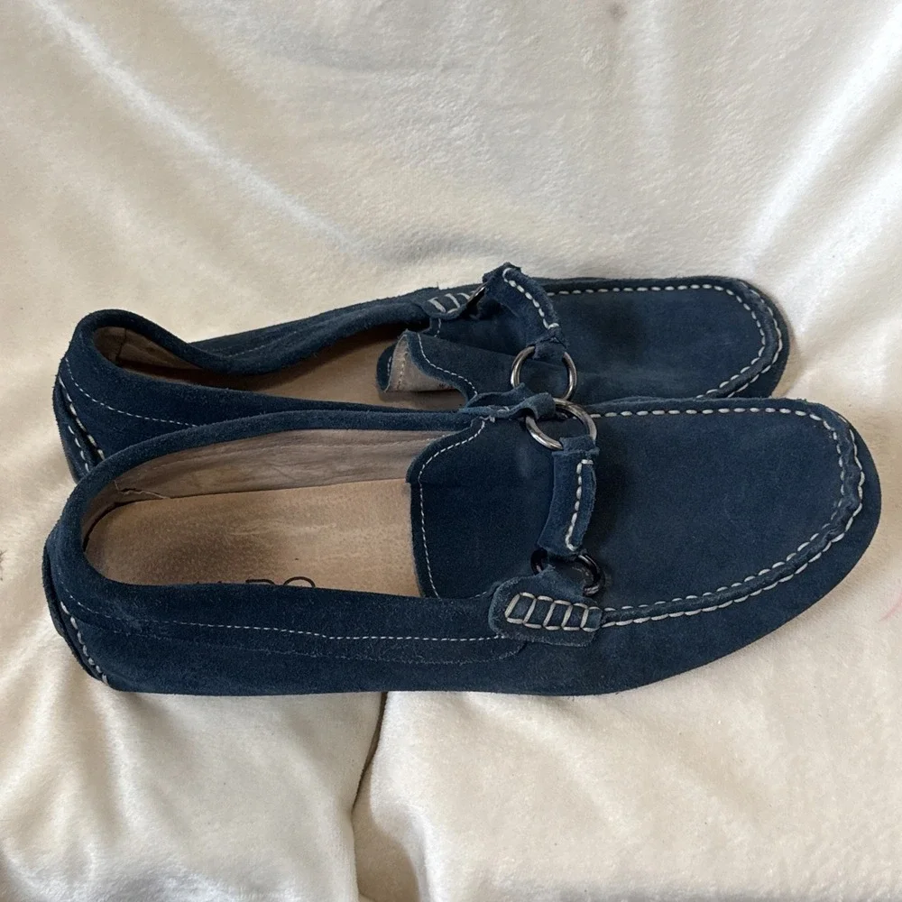 Aldo dark blue suede loafers Slip On White Stitch Silver Tone Buckle Sz 9.5